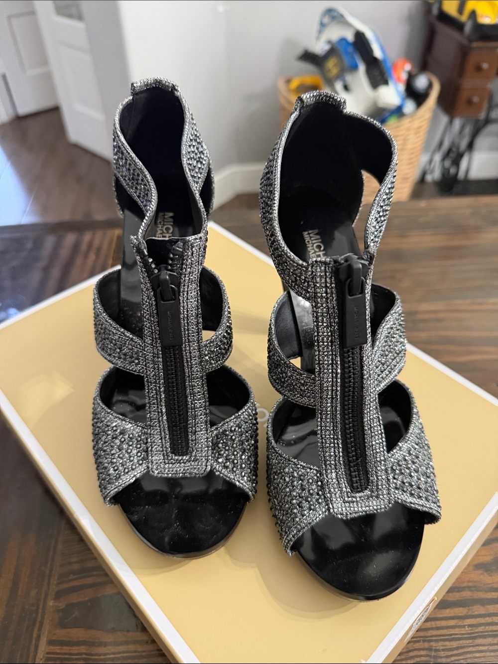 Michael Kors Silver Crystal Zipper Front Strappy Heels